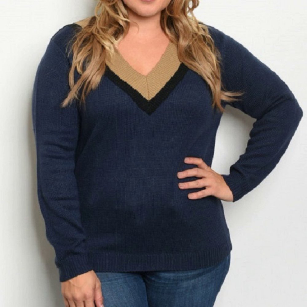 Navy Blue plus size V-Neck Sweater